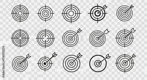 Collection of various target and bullseye icons, some with arrows striking the center, on a transparent background.