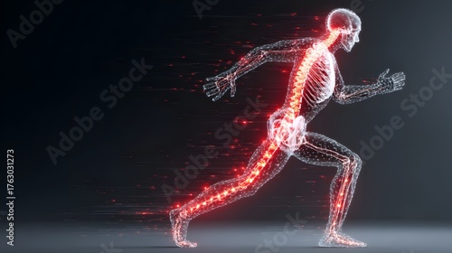 Human Figure in Motion with Glowing Spine and Joints – Running Pose