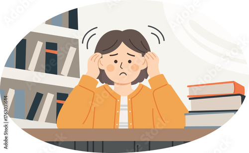 Person feeling dizziness holding head with books and bookshelf in background