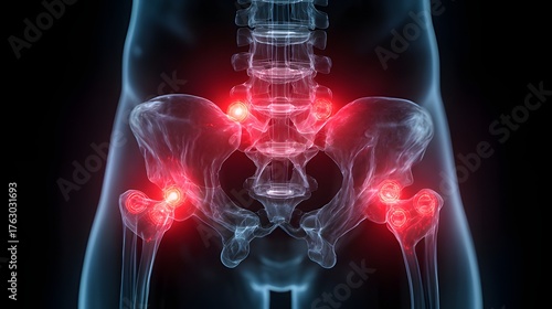 Pelvic Region with Sacroiliac and Hip Joint Inflammation – Medical Illustration.
Digital illustration of the lower spine, pelvis, and hip joints with red highlights around the sacroiliac and hip areas