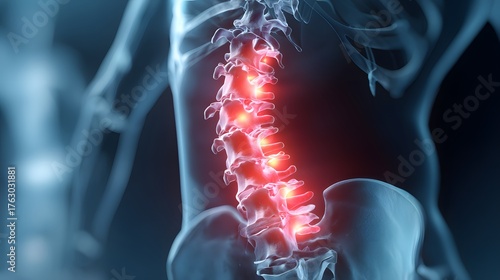 Lumbar Spine and Pelvis with Inflammation Medical Illustration. Digital illustration of the human lower spine and pelvis, with red highlights on the lumbar vertebrae indicating pain or inflammation. 