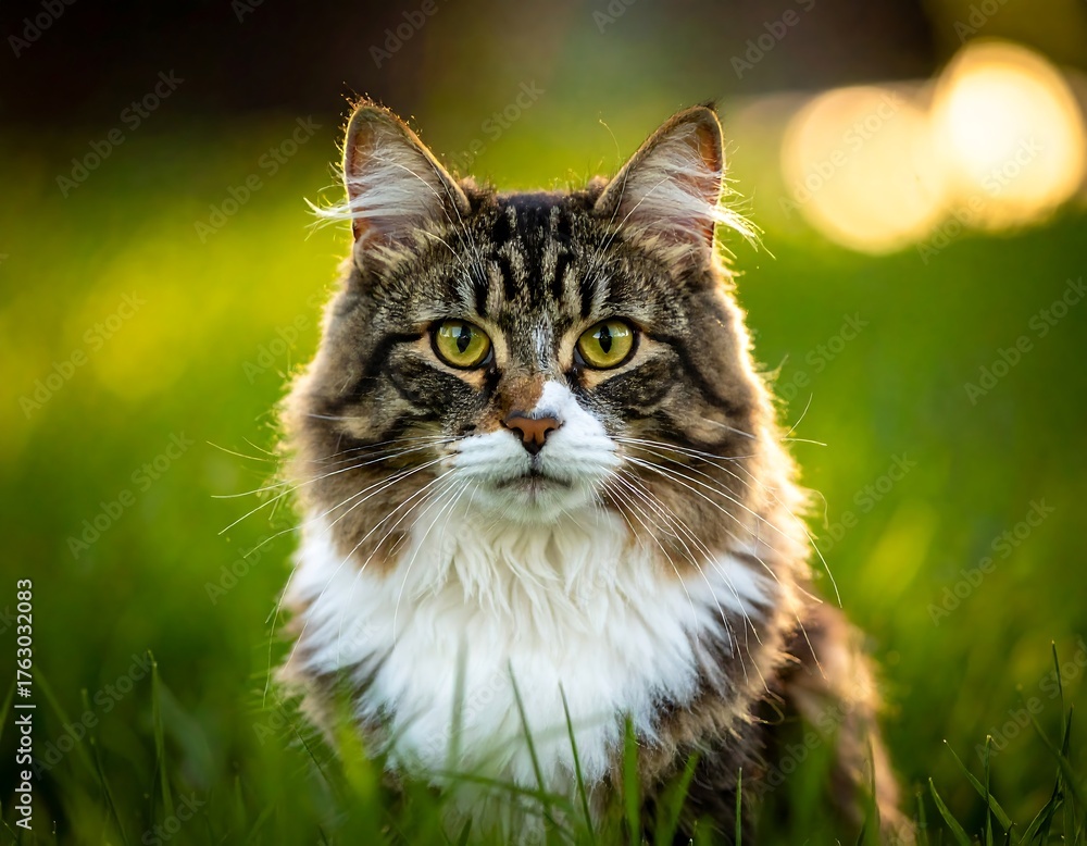 Obraz premium Fluffy cat with attentive gaze sits in lush green grass at sunset