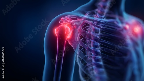 Shoulder Joint Pain X-ray Illustration, 
3D glowing x-ray showing red inflammation on human shoulder joint, indicating muscle or tendon injury.