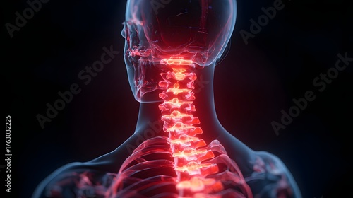 3D glowing x-ray of human cervical spine showing red inflammation and pain points, illustrating neck or spinal issues.