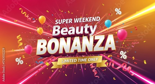 Get ready for a super weekend beauty bonanza with limited-time deals! Celebrate savings with vibrant balloons and dazzling confetti during this special event, don't miss out on beauty deals!