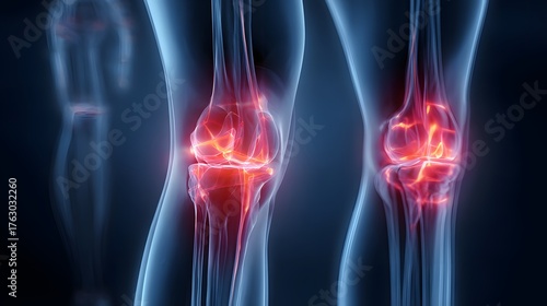 3D glowing x-ray of human knees with red inflammation spots, illustrating arthritis or joint pain concept.