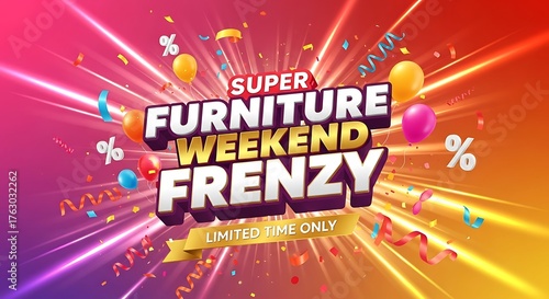 Don't miss the super furniture weekend frenzy for a limited time only, enjoy huge discounts and celebrate savings with balloons and confetti in this vibrant promotional sale