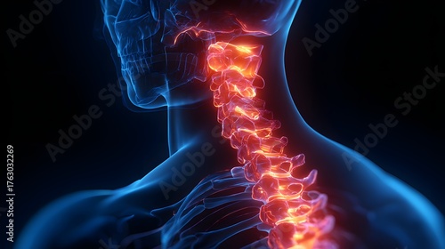 3D glowing x-ray of human neck showing spinal pain and inflammation, suitable for medical and healthcare concepts.