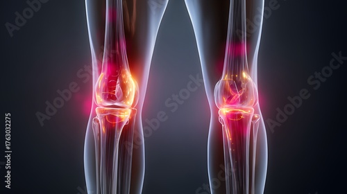 3D glowing x-ray of human knees with red inflammation spots, illustrating arthritis or joint pain concept.