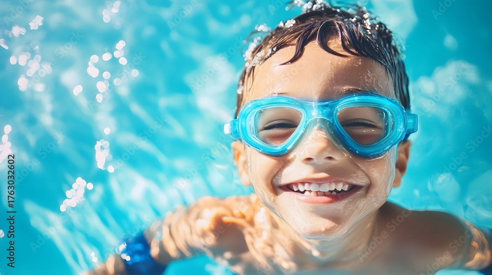 Naklejka premium Laughing boy wearing purple goggles floating in a bright blue pool with arm floaties, perfect for summer camp ad, sports poster