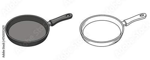 Detailed cartoon drawing of an empty gray frying pan with a black handle for kitchen accessories catalog or children's coloring book isolated white background