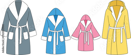 Cad drawing flat vector of bathrobe collection with hood and belt, front view robe design, cozy homewear illustration