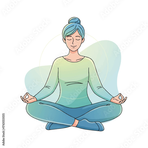 Serene Meditation: A woman in a tranquil state, her eyes gently closed and hands in a mudra of peace. Representing inner peace, mindfulness and well-being.