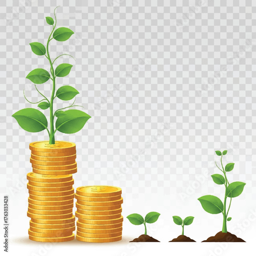 Financial Growth: Visualize the concept of financial prosperity with this illustration of stacks of golden coins sprouting lush green plants, a symbol of growth and investment success.