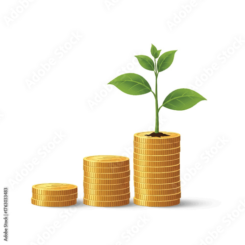 Golden Growth: A young plant sprouts from a stack of gold coins, symbolizing financial growth, investment, and prosperity.