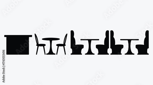 Restaurant Interior Arrangement Silhouette with Tables Chairs and Booths Vector Illustration