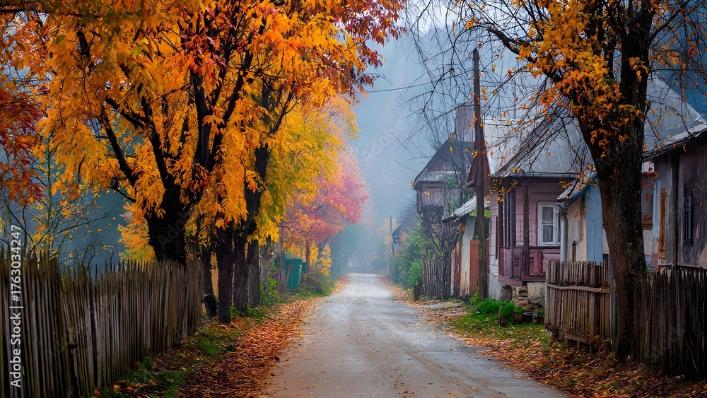 Fototapeta premium Fall in the park, Autumn Street and Foggy Alley — Beautiful Fall Landscape with Vibrant Foliage, Misty Air, and Warm City Glow