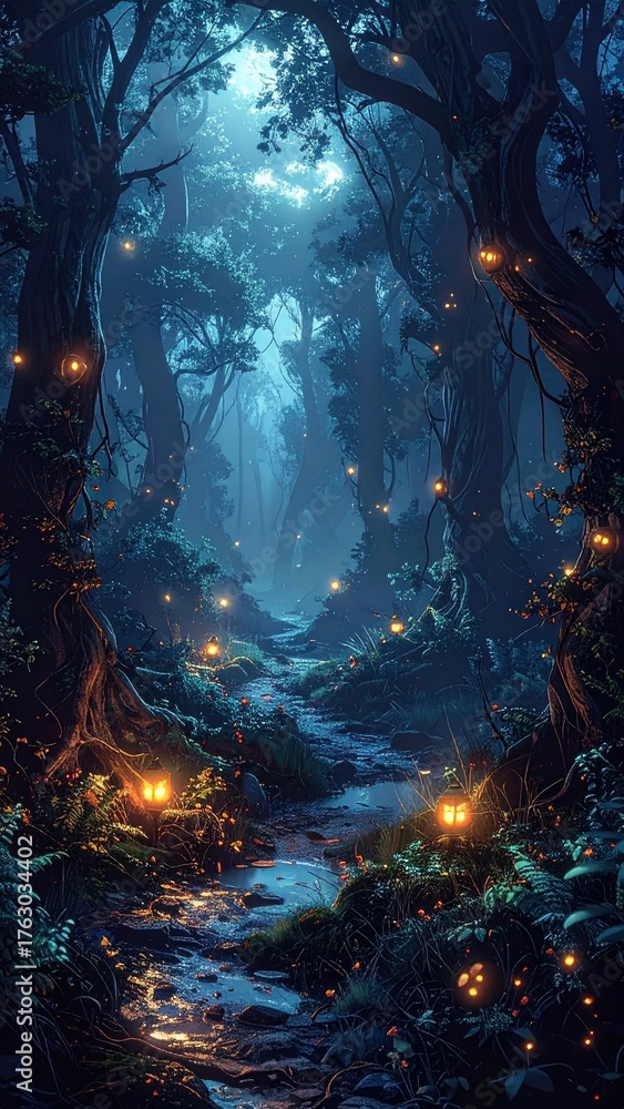 Fototapeta premium Enchanted Forest Path - A Mystical Nighttime Journey Through the Woods.