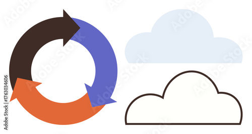 Three arrows forming a cycle next to two cloud shapes, one solid and one outlined. Ideal for process, recycling, sustainability, technology, cloud computing, innovation teamwork. Simple flat