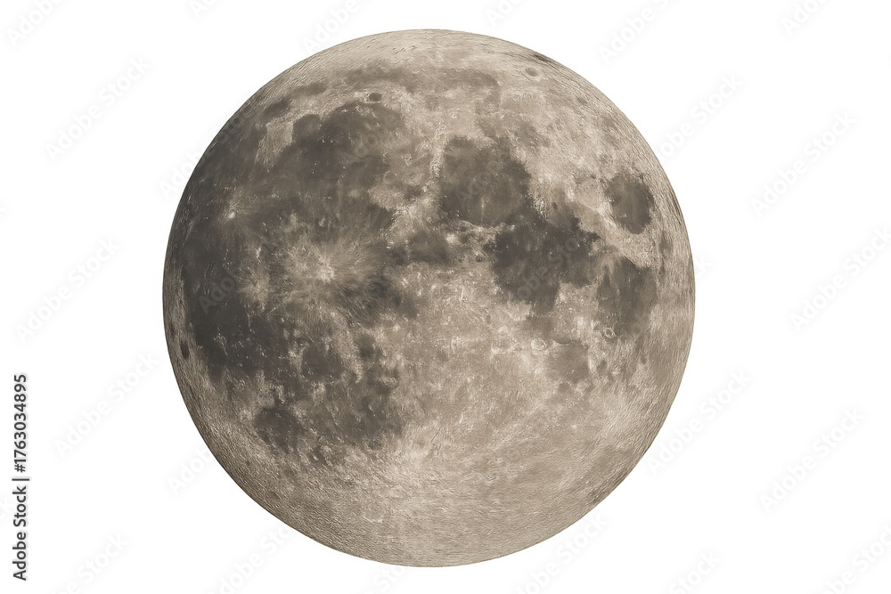 Naklejka premium Full moon showing detailed lunar surface craters, maria, and texture on transparent background