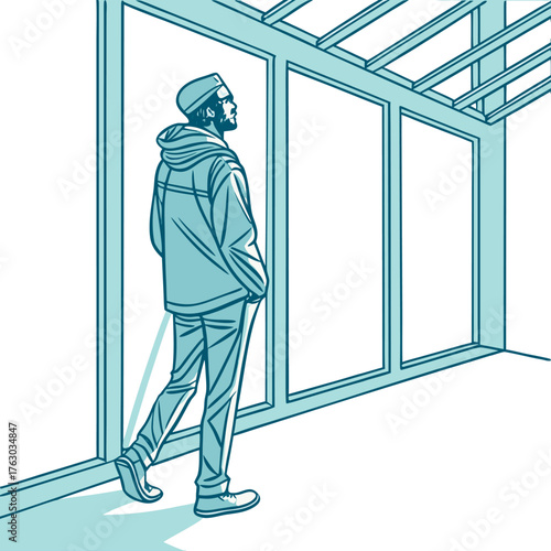 Seeking the horizon: An individual gazes pensively towards expansive windows, enveloped in contemplation and introspection within a modern structure.