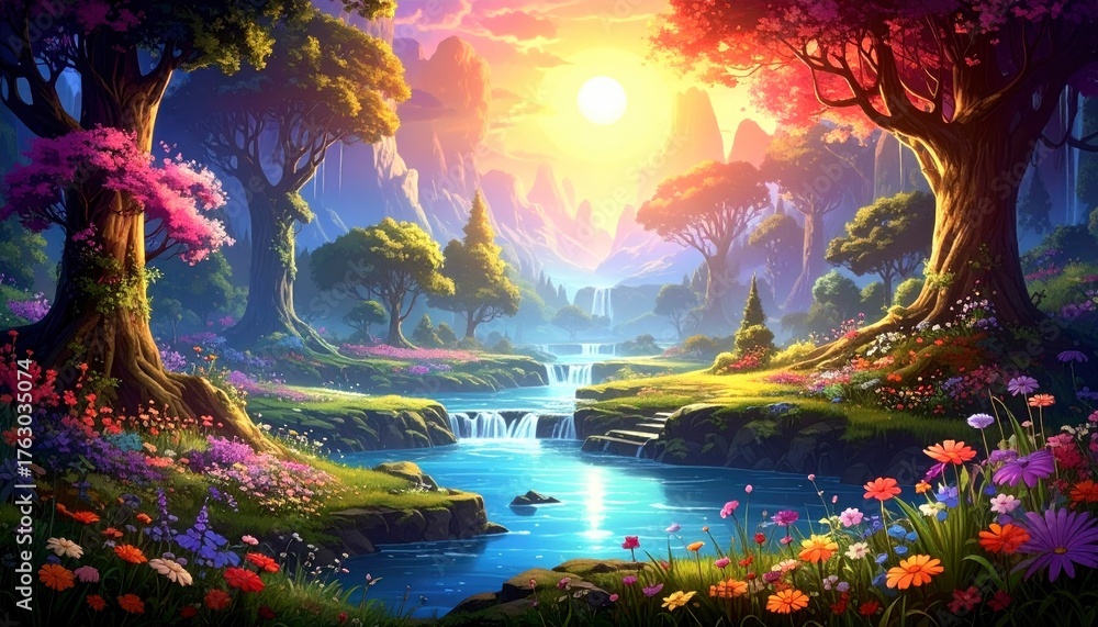 Obraz premium Enchanted Forest Stream - A Vibrant Landscape of Fantasy and Light.