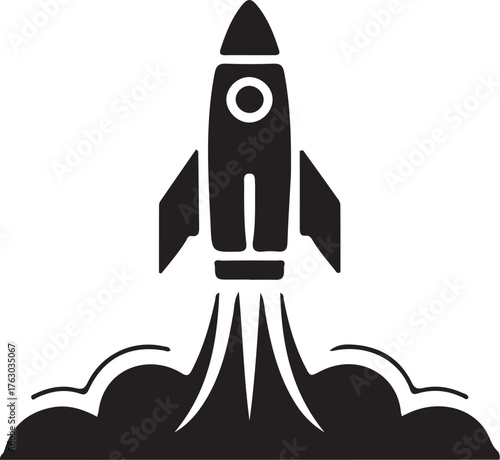 Black silhouette of a rocket launching with smoke trails space spaceship