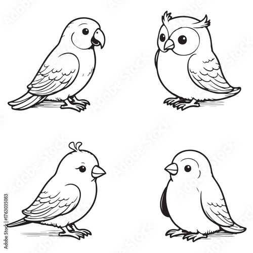 Cute Cartoon Birds Line Art Collection