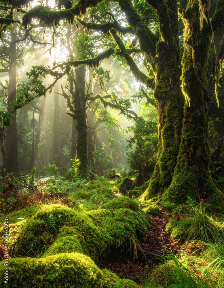Fototapeta premium Enchanted Forest - Sunlight Through Mossy Trees in a Lush Landscape.