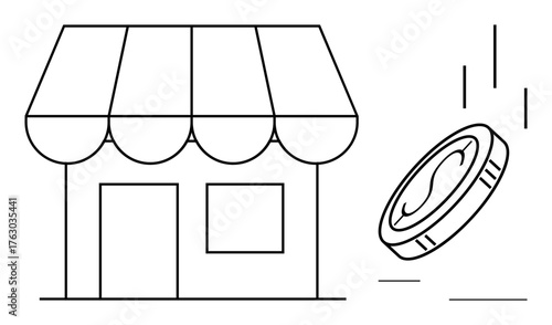 Small shop with a striped awning next to a falling coin. Ideal for business, retail, finance, e-commerce, entrepreneurship, investments, and savings. Represents a simple flat metaphor