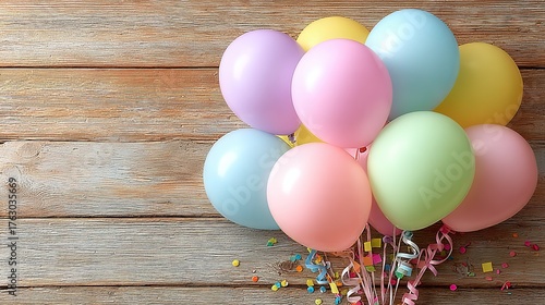 Vibrant balloon & streamer burst on natural wood grain, hi-res copy-space for birthday, anniversary or sale poster