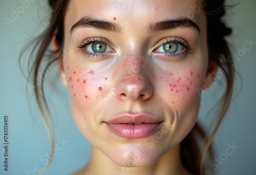 rosacea skin resilience, closeup of skin with rosacea, closeup of woman showing rosacea and determined expression, portrait of woman with rosacea highlighting resilience and dermatology awareness