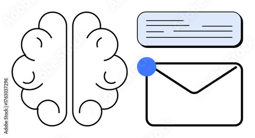 Brain outline, envelope with notification dot, and text box highlighting communication, creativity, organization, and information sharing. Ideal for education, innovation, messaging strategy