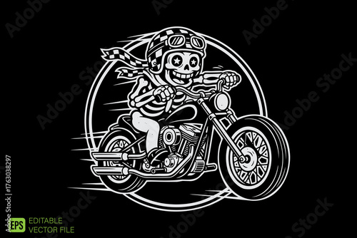 Skeleton Biker Riding Motorcycle with Checkered Scarf and Goggle