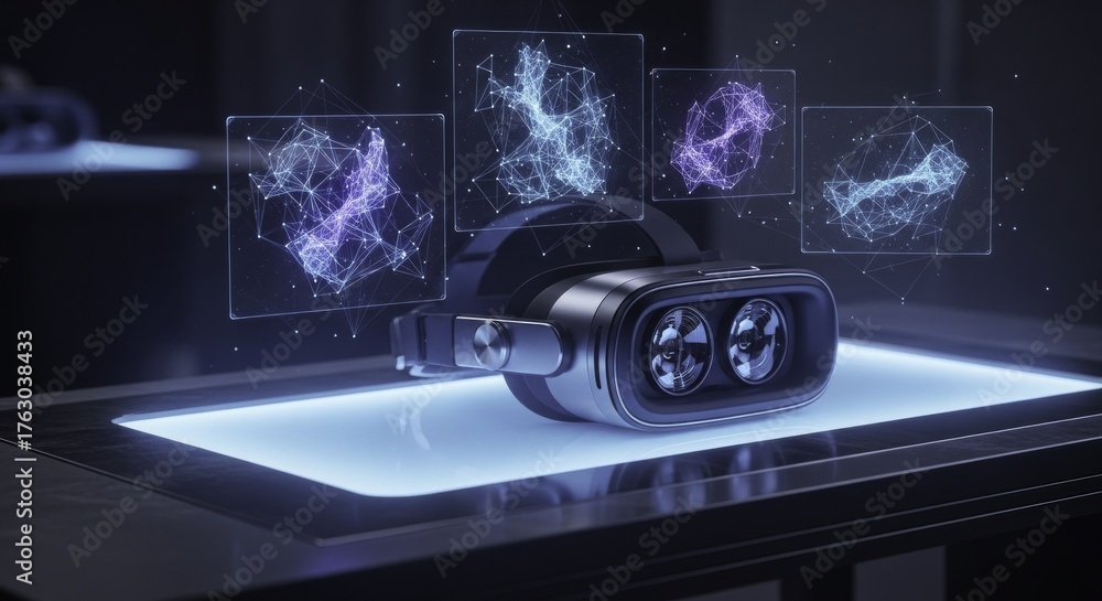 Fototapeta premium Futuristic Virtual Reality Headset on Luminous Platform with Holographic Data Network Displays, Showcasing Advanced Immersive Technology and the Metaverse Concept