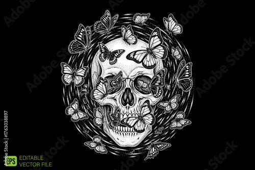 Skull with Butterflies Vector Illustration Black and White.