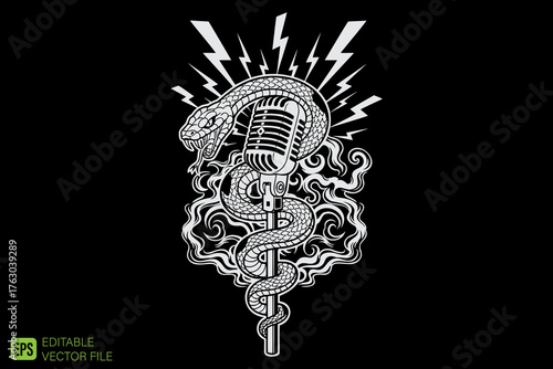 Vintage Microphone with Cobra Snake and Lightning Bolts.