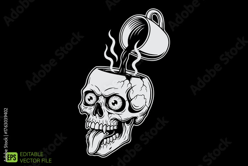 Skull with Coffee Pouring into Head Creative Illustration.