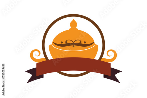 Decorative curry pot with ornate ribbon accent