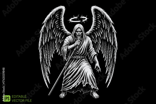 Grim Reaper with Angel Wings and Halo Holding Scythe.