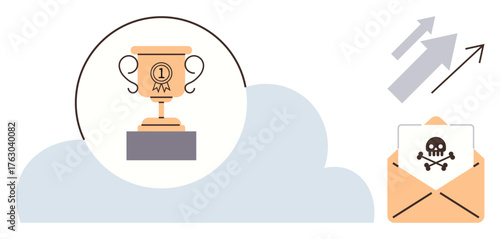 Trophy icon on cloud symbolizing achievements and success, alongside arrows for progress and an email with skull warning of cyber threats. Ideal for cybersecurity, phishing, risk prevention