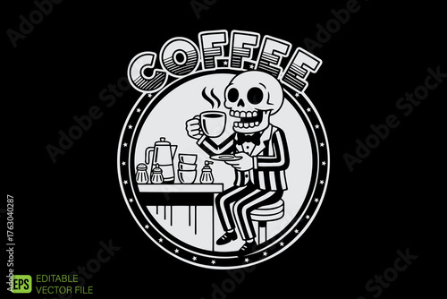 Skeleton enjoying hot coffee at a cafe table in a vintage style