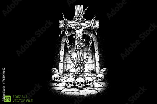 Jesus Christ on the cross with chains and skulls in a dark gothi