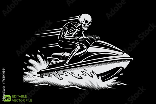 Skeleton riding a jet ski on water in black and white.