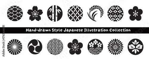 和のイラストセット(手書き風、切り絵風、ハンコ風)
