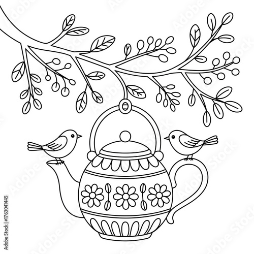 Whimsical Teapot and Birds Under Tree Branch Coloring Page for Kids and Adults