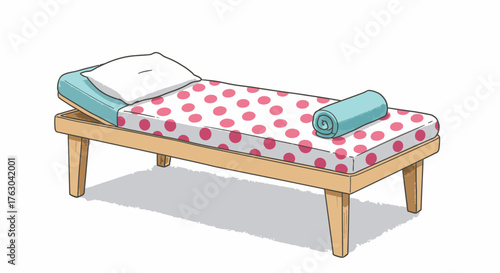 A simple, cartoon-style wooden cot with a polka dot mattress, a light blue pillow, and a rolled blanket, depicted on a clean white background.
