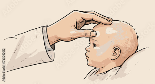A hand gently touches a baby's forehead, symbolizing care, health checks, or a tender moment of comfort and well-being.