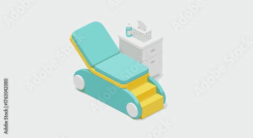 This clean isometric 3D illustration presents a modern teal and yellow medical examination chair and a white supply cabinet, perfect for healthcare concepts.