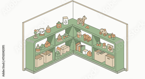 An isometric illustration depicts a cozy corner shelf filled with an assortment of charming wooden toys and decorative items, creating a nostalgic and tidy play space.